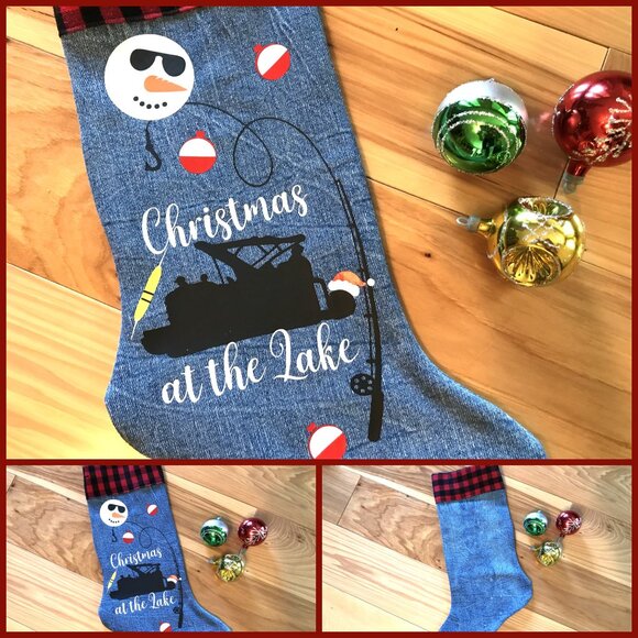 Denim Christmas Stocking: Lake House Fishing Decor, Pontoon Boat, Snowman - Picture 8 of 8